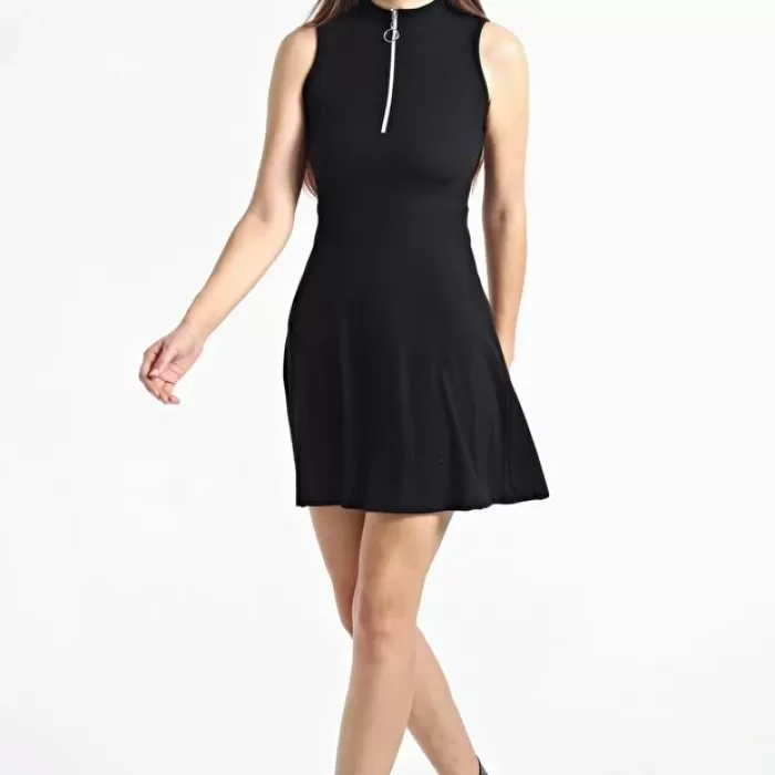 Kadın Siyah Yaka Fermuarlı Kolsuz Kaşkorse Elbise