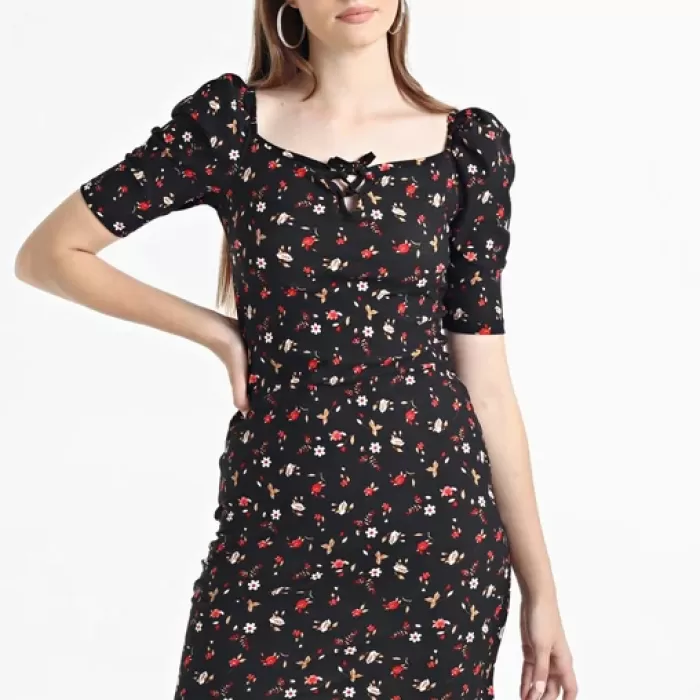 Kadın Siyah Balon Kol Kare Yaka Elbise