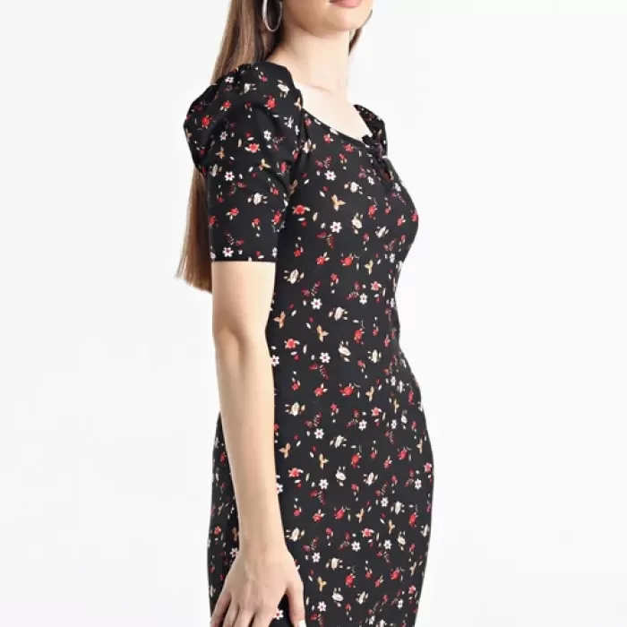 Kadın Siyah Balon Kol Kare Yaka Elbise