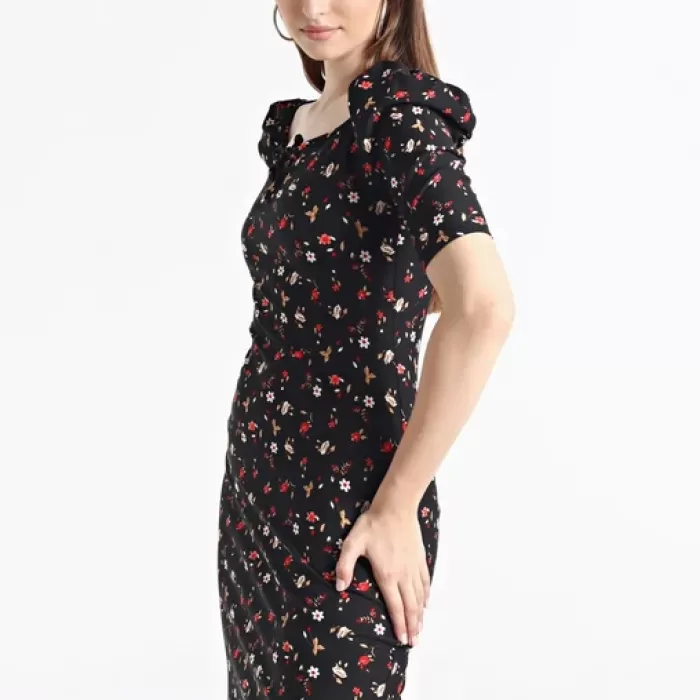 Kadın Siyah Balon Kol Kare Yaka Elbise