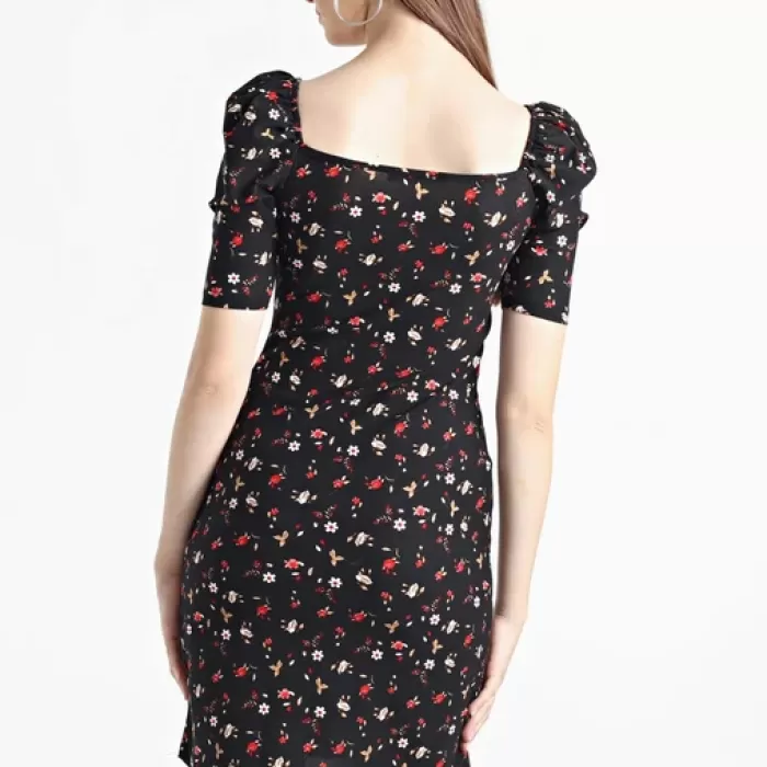 Kadın Siyah Balon Kol Kare Yaka Elbise