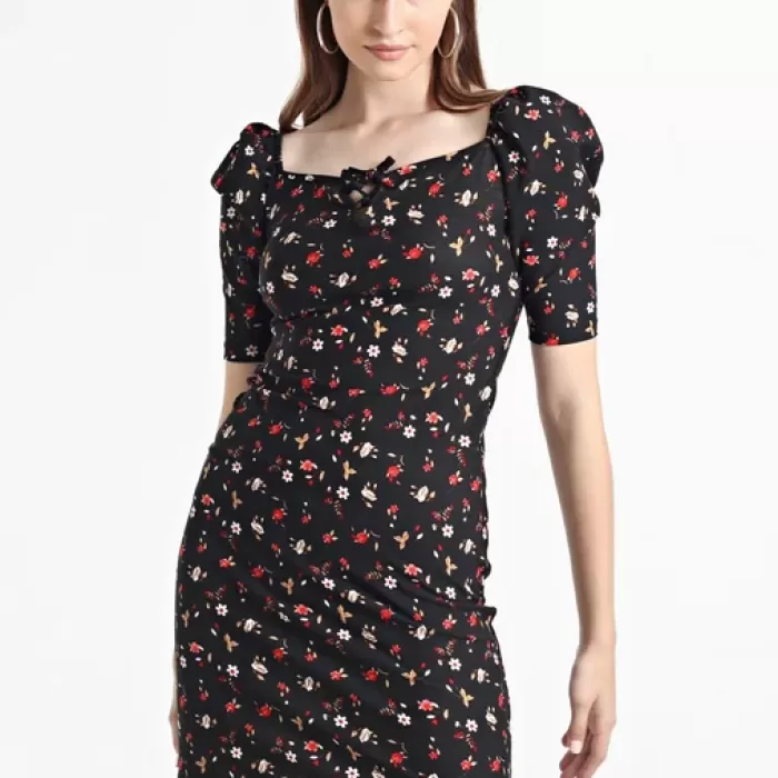 Kadın Siyah Balon Kol Kare Yaka Elbise