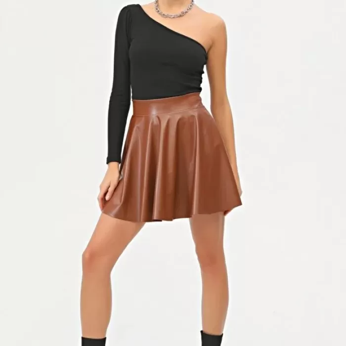 Kadın Mini Kloş Taba Renkli Suni Deri Etek