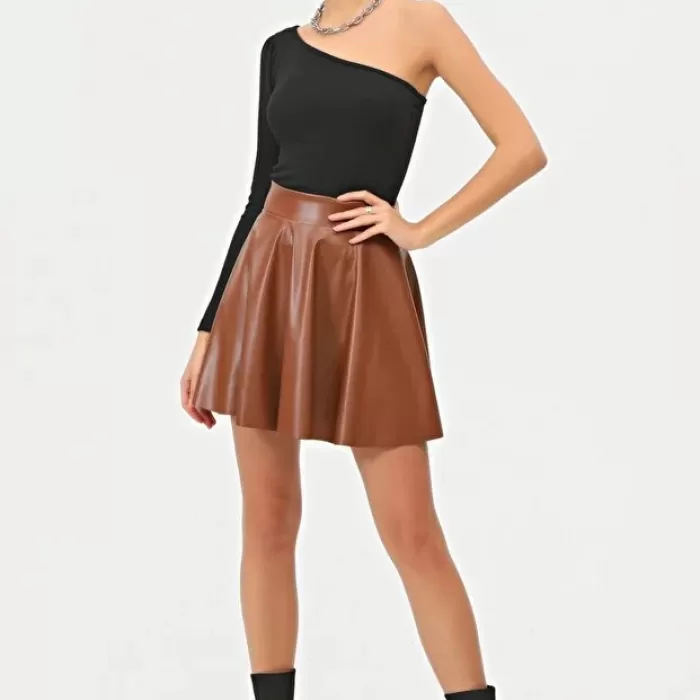 Kadın Mini Kloş Taba Renkli Suni Deri Etek