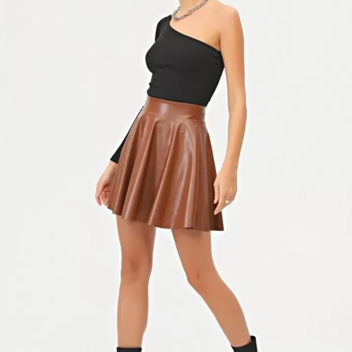 Kadın Mini Kloş Taba Renkli Suni Deri Etek