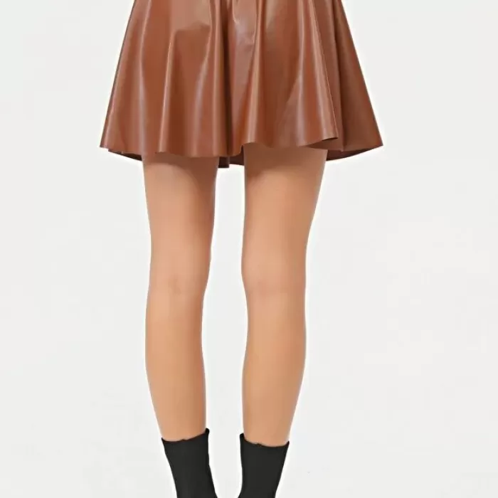 Kadın Mini Kloş Taba Renkli Suni Deri Etek