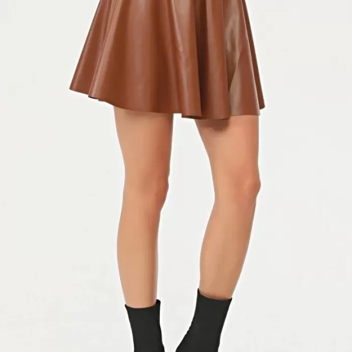 Kadın Mini Kloş Taba Renkli Suni Deri Etek