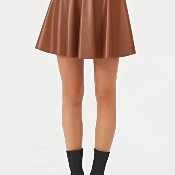 Kadın Mini Kloş Taba Renkli Suni Deri Etek