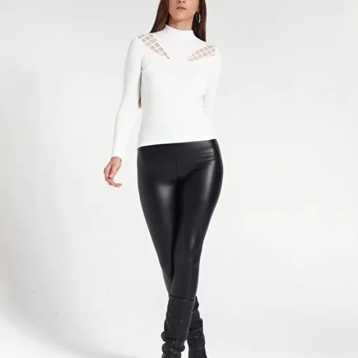 Kadın Desenli Dantel Detaylı Likralı Bluz