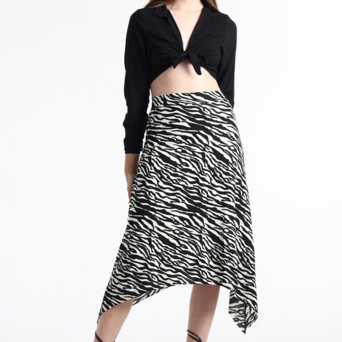 Kadın Belden Oturmalı Çizgili Krep Etek