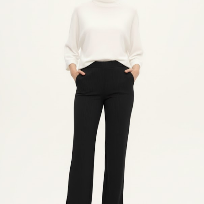 Siyah Krep Kumaş Yüksek Bel Bol Paça Kadın Pantolon