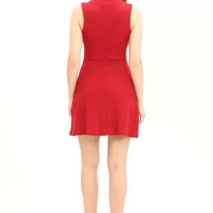 Kadın Bordo Renkli Kolsuz Yaka Fermuarlı Örme Elbise