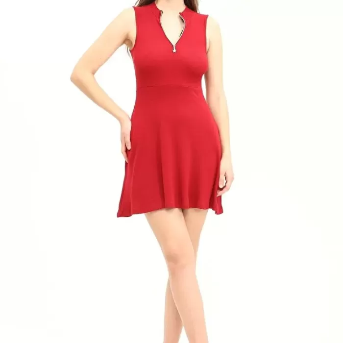 Kadın Bordo Renkli Kolsuz Yaka Fermuarlı Örme Elbise