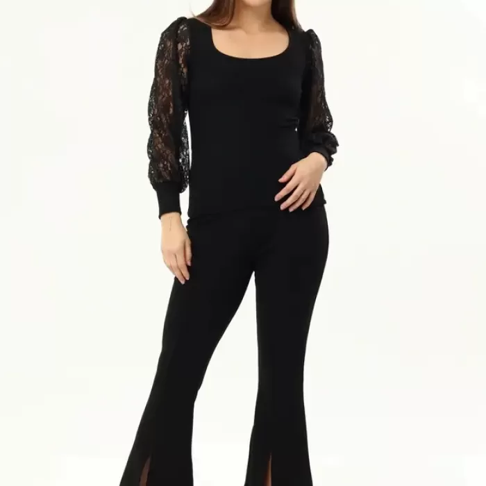 Kadın Siyah Kollar Dantel U Yaka Bluz