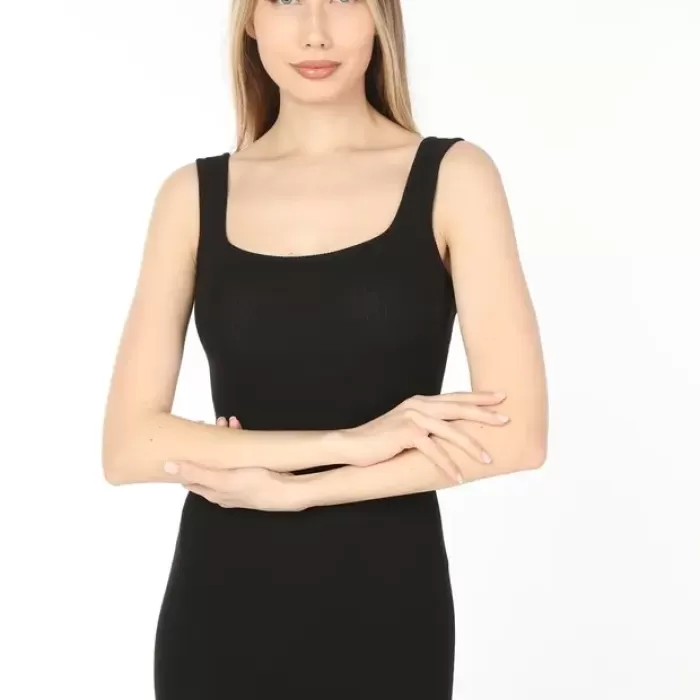 Kadın Siyah  Kare Yaka Yırtmaçlı Kaşkorse Elbise