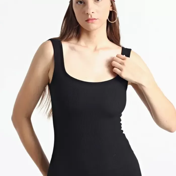 Kadın Siyah  Kare Yaka Yırtmaçlı Kaşkorse Elbise