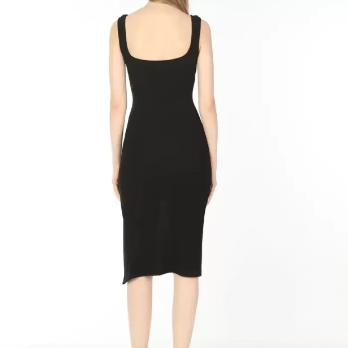 Kadın Siyah  Kare Yaka Yırtmaçlı Kaşkorse Elbise