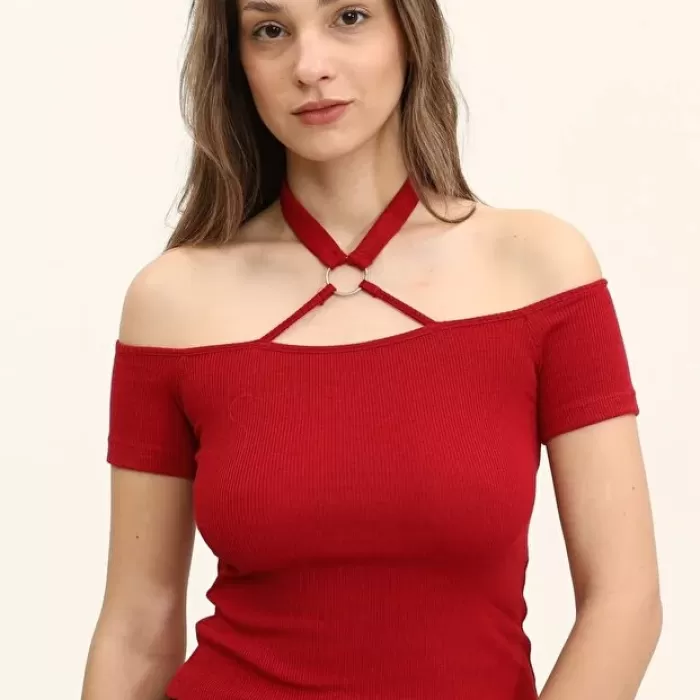 Kadın Bordo Renkli Ön Ve Arka Madonna Yaka Boyun Halkalı Örme Bluz