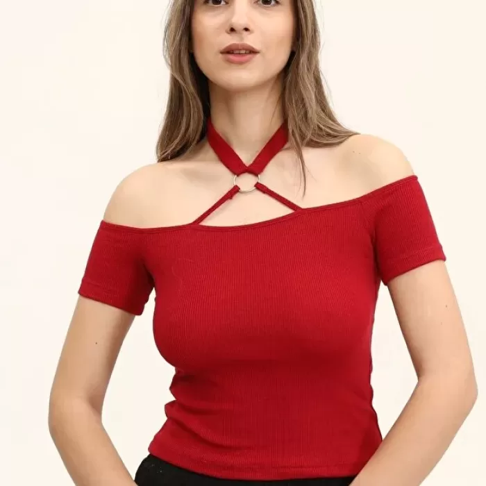 Kadın Bordo Renkli Ön Ve Arka Madonna Yaka Boyun Halkalı Örme Bluz