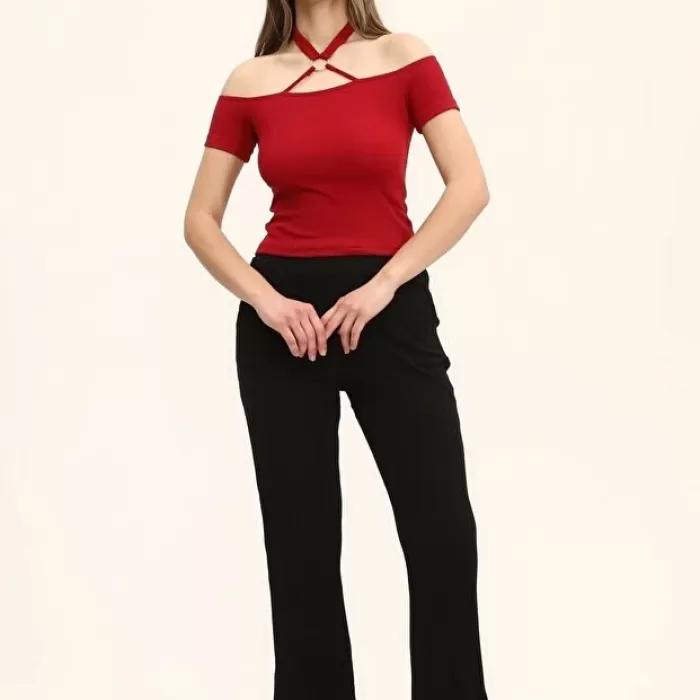 Kadın Bordo Renkli Ön Ve Arka Madonna Yaka Boyun Halkalı Örme Bluz