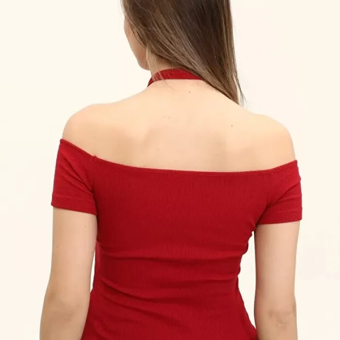 Kadın Bordo Renkli Ön Ve Arka Madonna Yaka Boyun Halkalı Örme Bluz