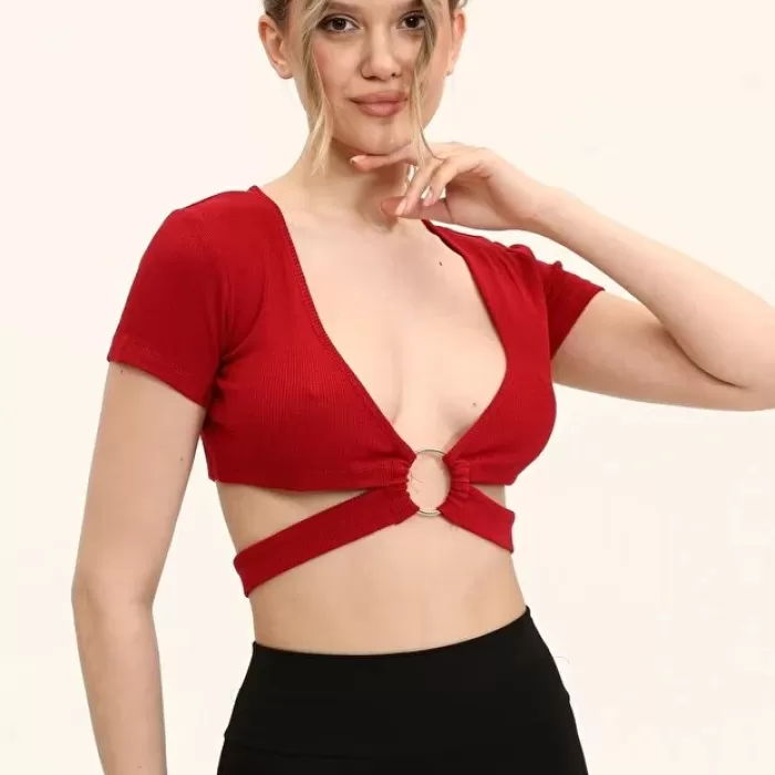Kadın Bordo Renkli Ön Halka Ve Şeritli Crop Top
