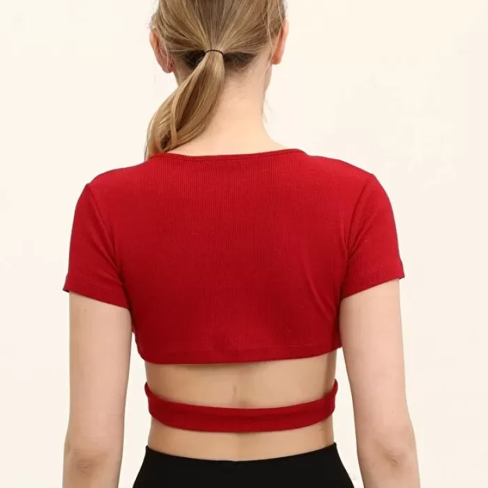 Kadın Bordo Renkli Ön Halka Ve Şeritli Crop Top