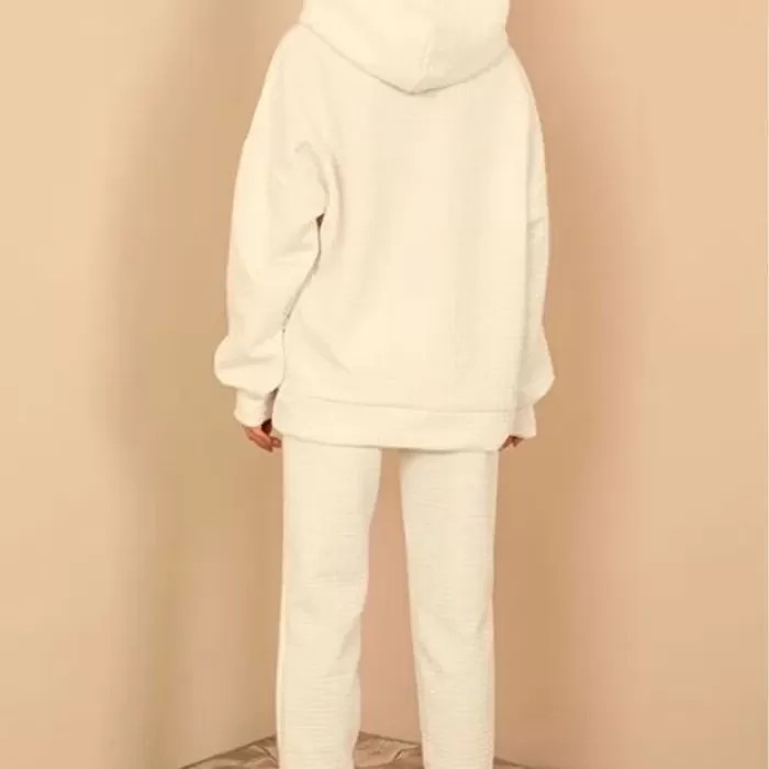 Petek Kumaş Uzun Kol Kapüşonlu Fermuar Detaylı Kadın Sweatshirt-ekru