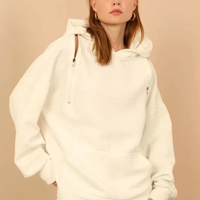 Petek Kumaş Uzun Kol Kapüşonlu Fermuar Detaylı Kadın Sweatshirt-ekru