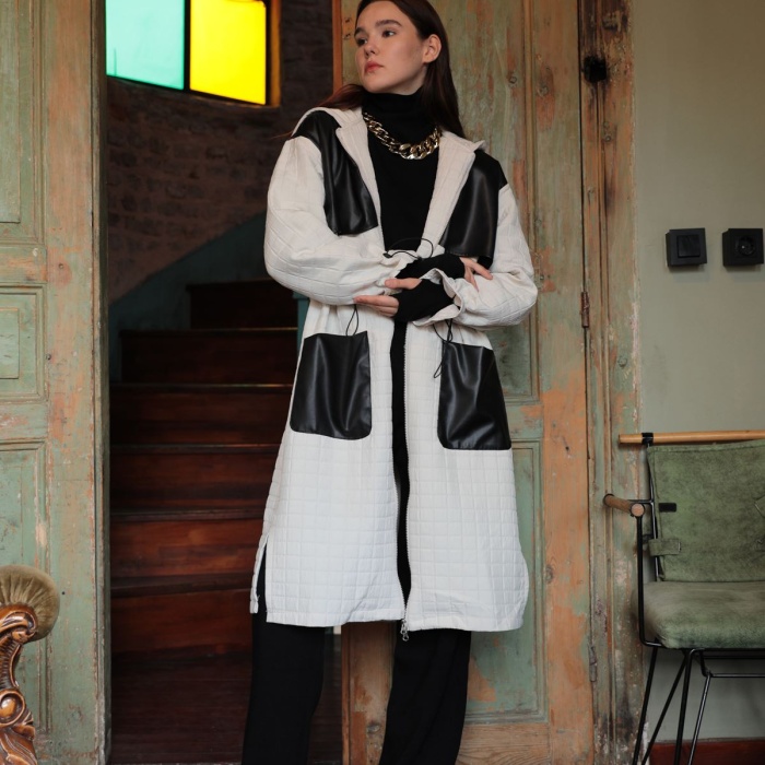 Deri Kumaş Garni Detay Jakar Kadın Trençkot-Bej