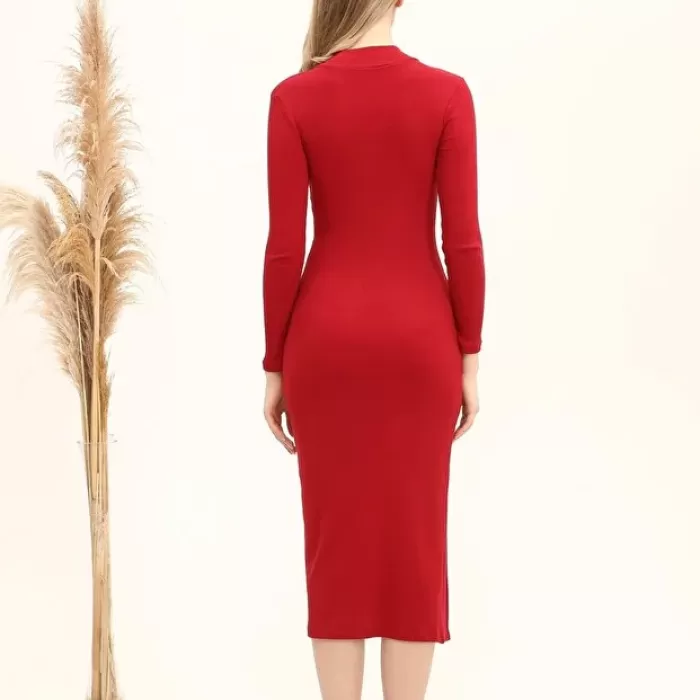 Kadın Bordo Renkli Yarım Balıkçı Tek Taraf Yırtmaçlı Elbise