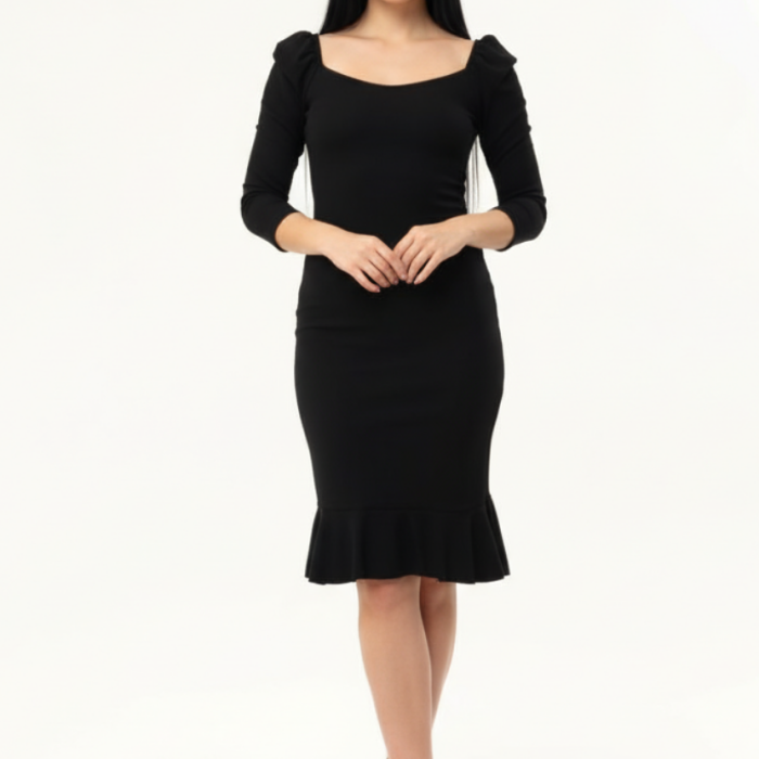 Kadın Siyah Balon Kol Eteği Volanlı Elbise