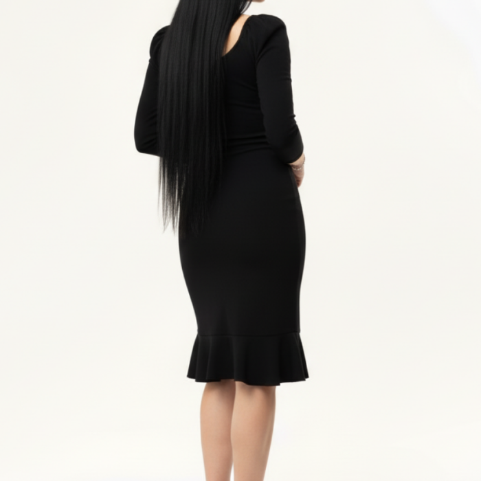 Kadın Siyah Balon Kol Eteği Volanlı Elbise