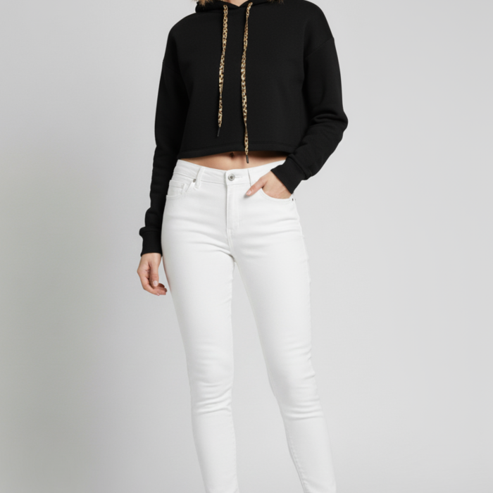 Kadın Siyah Kapüşon İçi Desenli Astar Etek Ucu Yırtmaçlı Crop