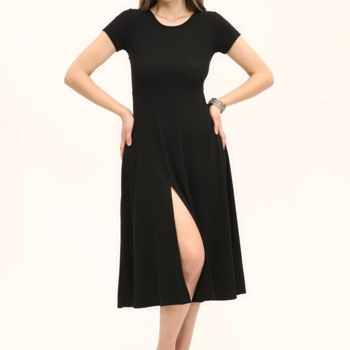 Kadın Renkli Belden Oturma Eteği Yırtmaçlı Salaş Elbise