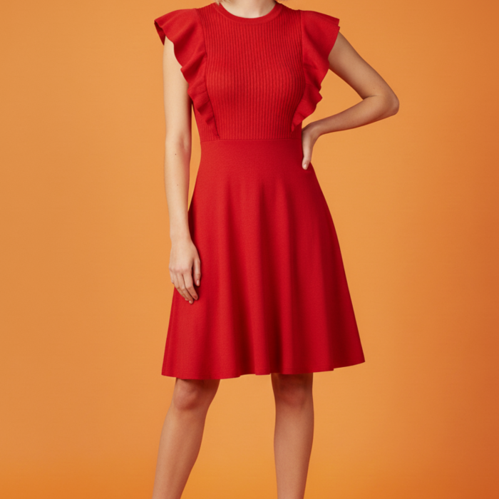 Bisiklet Yaka Volanlı Kırmızı Kaşkorse Elbise