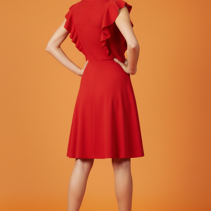 Bisiklet Yaka Volanlı Kırmızı Kaşkorse Elbise