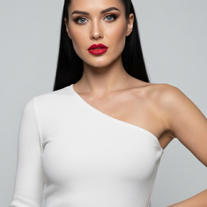 Beyaz Tek Omuz Uzun Kollu Kaşkorse Kadın Bluz