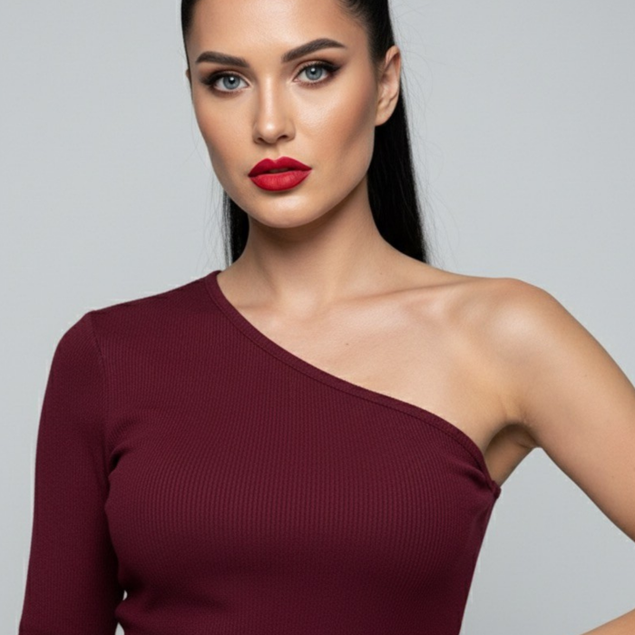 Bordo Tek Omuz Uzun Kollu Kaşkorse Kadın Bluz