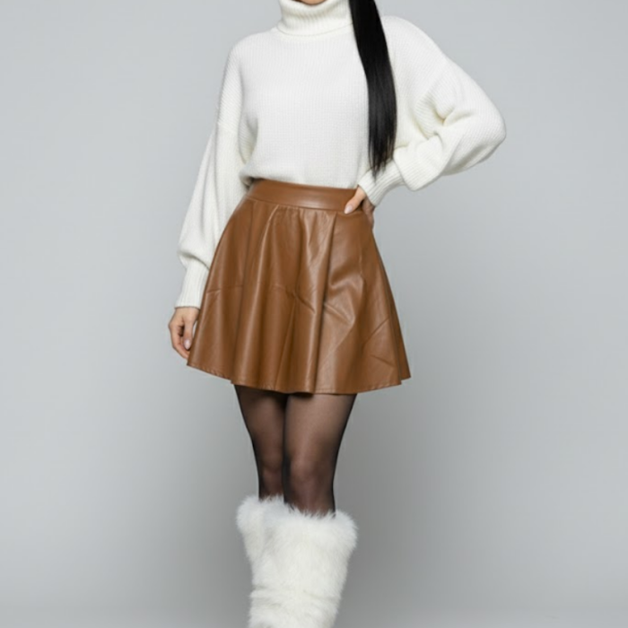 Kadın Taba Deri Pileli Etek
