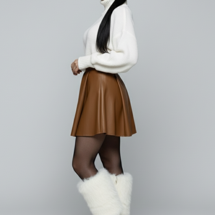 Kadın Taba Deri Pileli Etek