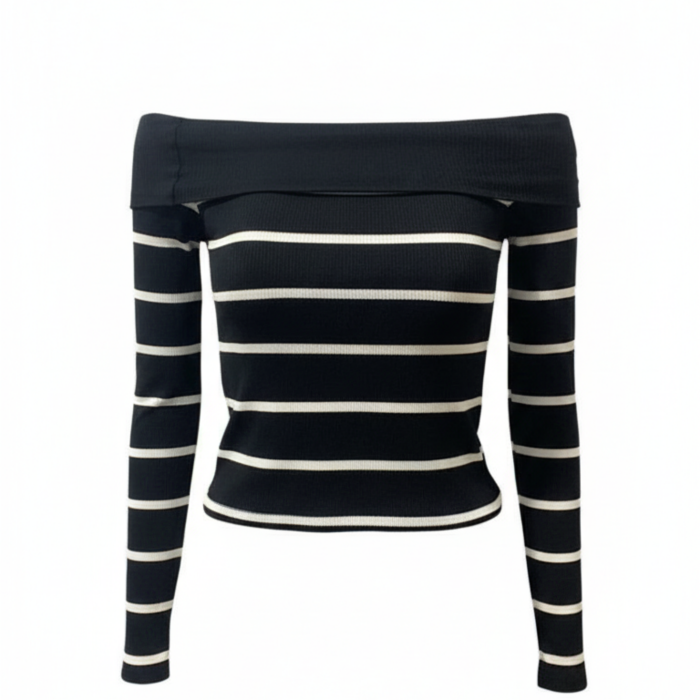 Kadın Siyah - Beyaz Çizgili Madonna Yaka Bluz