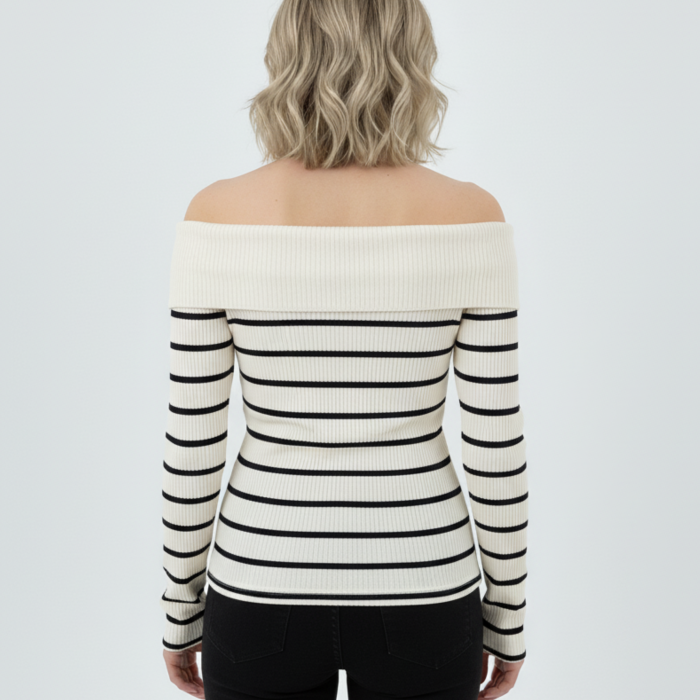 Kadın Çizgili Madonna Yaka Kaşkorse Beyaz Kazak