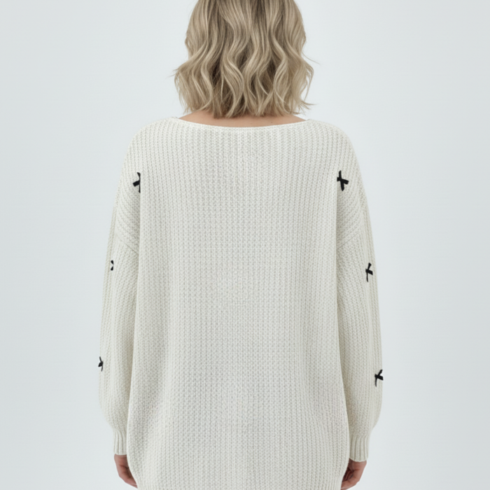 Kadın Kurdeleli Ajurlu Triko Beyaz Kazak