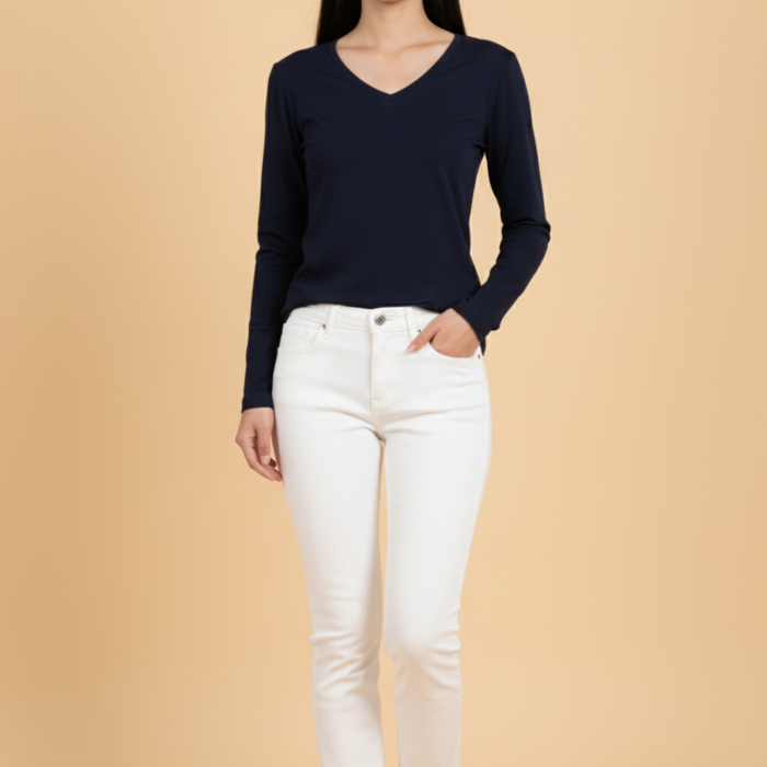 Kadın V Yaka Lacivert Viskon Bluz