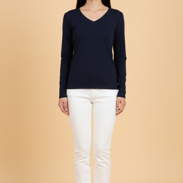 Kadın V Yaka Lacivert Viskon Bluz