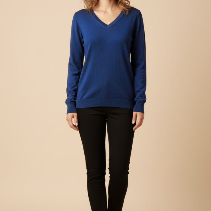 Kadın V Yaka Mavi Triko Kazak