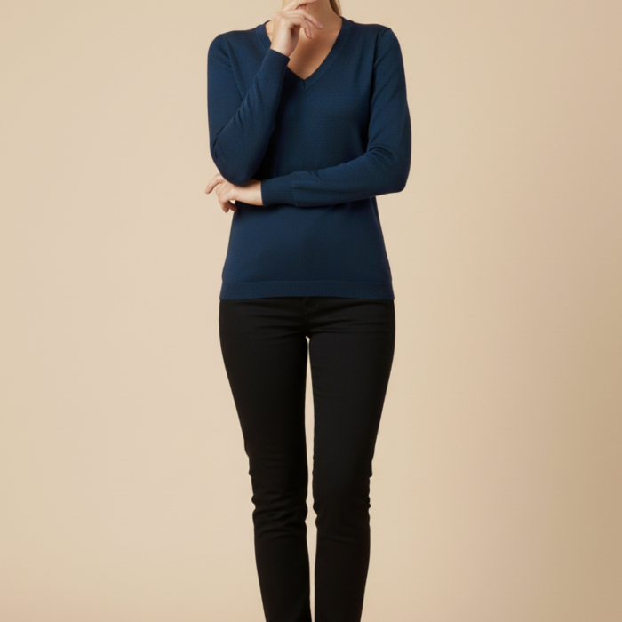 Kadın V Yaka Mavi Triko Kazak