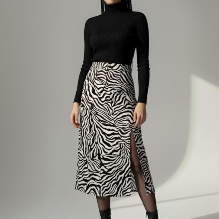 Kadın Zebra Desen Midi Boy Etek