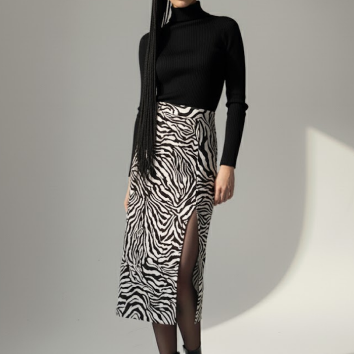 Kadın Zebra Desen Midi Boy Etek